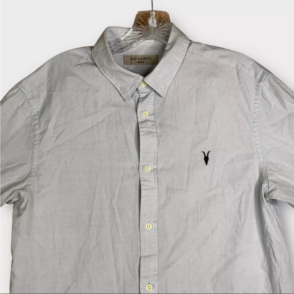 Allsaints 3/4 Sleeve Button Up Shirt Mens Medium Gray Solid Embroidered Logo - Picture 3 of 13